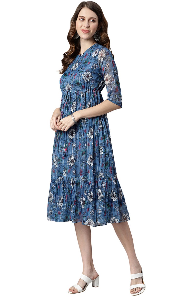 Janasya Women's Blue Poly Georgette Floral Flared Western Dress(J0341-DR-S) - Image 4