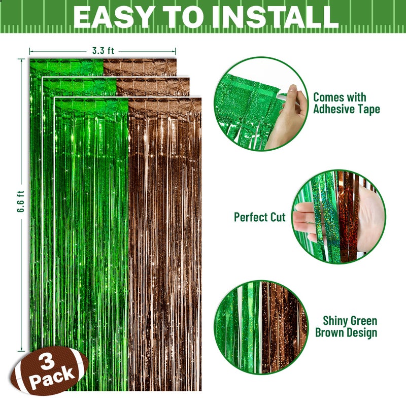 Sakayo 3 Pack Football Party Decorations, 3.3x6.6ft Green Brown Foil Fringe Curtains Metallic Tinsel Backdrop for Sunday Football Game Decorations Photo Booth Backdrops Football Party Decorations Supplies - Image 2