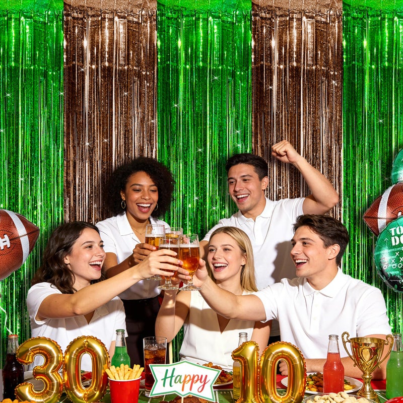Sakayo 3 Pack Football Party Decorations, 3.3x6.6ft Green Brown Foil Fringe Curtains Metallic Tinsel Backdrop for Sunday Football Game Decorations Photo Booth Backdrops Football Party Decorations Supplies - Image 4