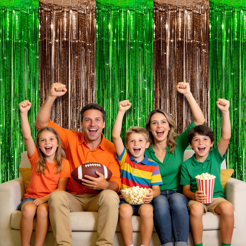 Sakayo 3 Pack Football Party Decorations, 3.3x6.6ft Green Brown Foil Fringe Curtains Metallic Tinsel Backdrop for Sunday Football Game Decorations Photo Booth Backdrops Football Party Decorations Supplies - Image 3