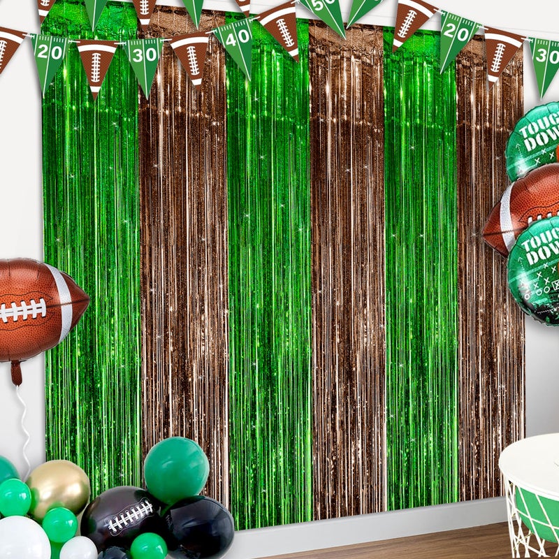 Sakayo 3 Pack Football Party Decorations, 3.3x6.6ft Green Brown Foil Fringe Curtains Metallic Tinsel Backdrop for Sunday Football Game Decorations Photo Booth Backdrops Football Party Decorations Supplies - Image 1