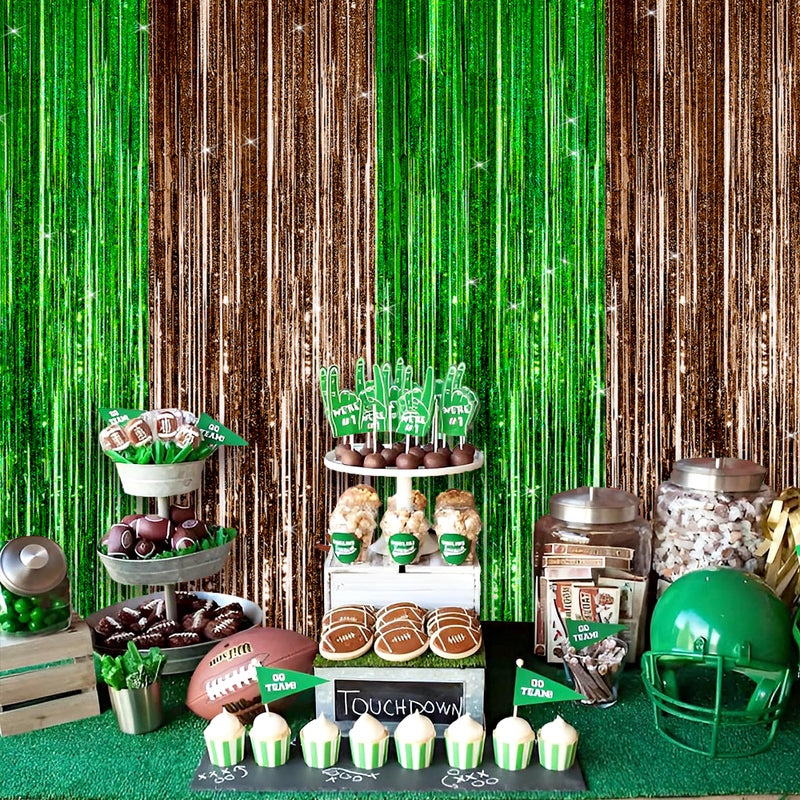 Sakayo 3 Pack Football Party Decorations, 3.3x6.6ft Green Brown Foil Fringe Curtains Metallic Tinsel Backdrop for Sunday Football Game Decorations Photo Booth Backdrops Football Party Decorations Supplies - Image 5