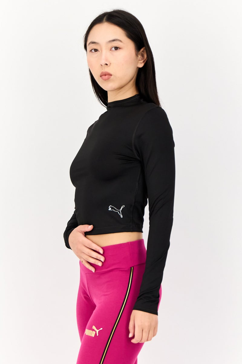 PUMA بلوزة رياضية نسائية بأكمام طويلة وشعار العلامة التجارية، خارجية، سوداء - Image 2