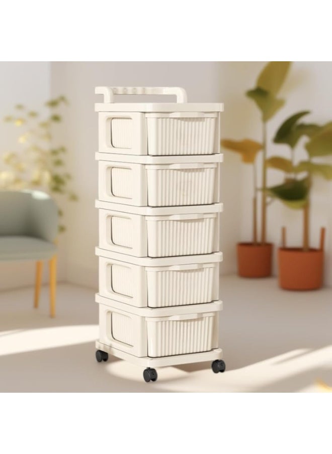 ACPLAY Cream 5-Drawer Storage Cart with Wheels – Elegant Organizer with Cream Panels, Clear Drawers & White Frame – Mobile Storage Solution for Home, Office, or Garage  - Image 3