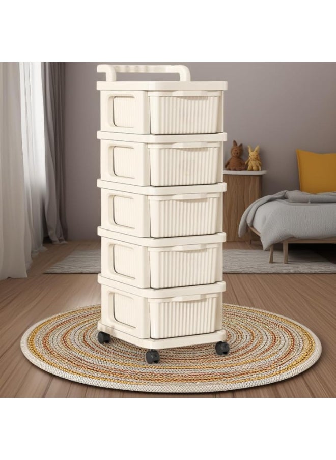 ACPLAY Cream 5-Drawer Storage Cart with Wheels – Elegant Organizer with Cream Panels, Clear Drawers & White Frame – Mobile Storage Solution for Home, Office, or Garage  - Image 4