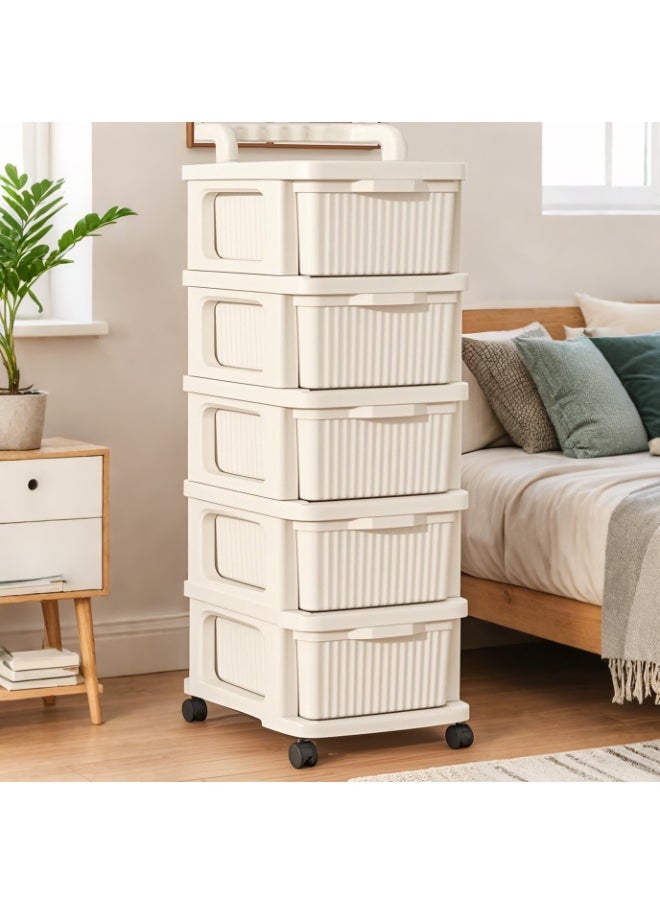ACPLAY Cream 5-Drawer Storage Cart with Wheels – Elegant Organizer with Cream Panels, Clear Drawers & White Frame – Mobile Storage Solution for Home, Office, or Garage  - Image 2