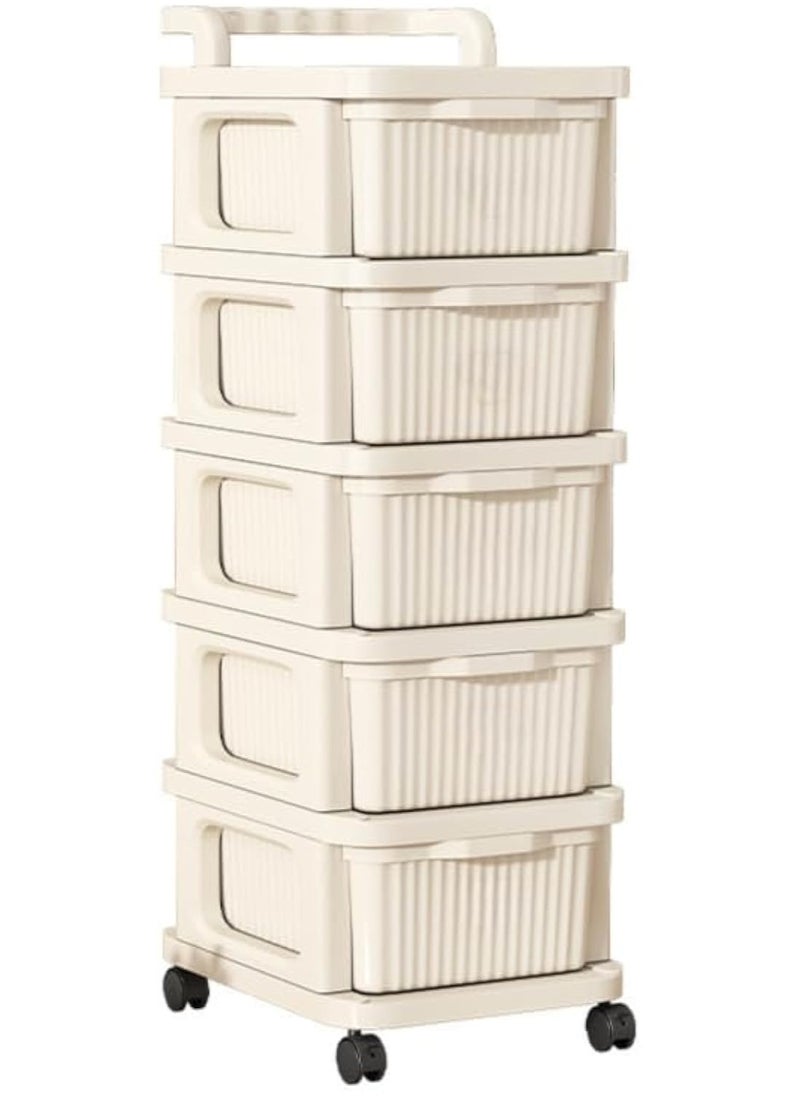ACPLAY Cream 5-Drawer Storage Cart with Wheels – Elegant Organizer with Cream Panels, Clear Drawers & White Frame – Mobile Storage Solution for Home, Office, or Garage  - Image 1
