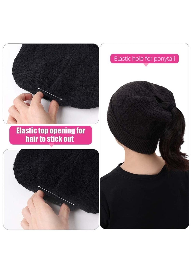KASTWAVE Women Winter Beanie | Adult Womens Bun and Pony Tail Hair Knit Cap |Pom Ponytail Hair Hat with Hole and Fleece Lining Hat Unisex - Image 3
