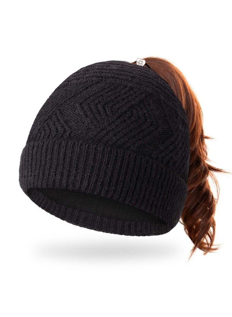 KASTWAVE Women Winter Beanie | Adult Womens Bun and Pony Tail Hair Knit Cap |Pom Ponytail Hair Hat with Hole and Fleece Lining Hat Unisex - Image 1