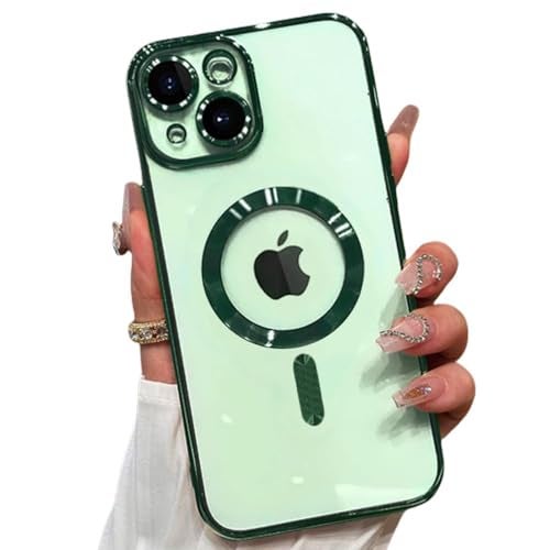 VONZEE Electroplating Transparent Clear Logo Back Cover TPU Compatible with iPhone 15 Plus Case,Compatible with Magsafe, Full Body & Individual Camera Protection for Each Lens for Men & Women (Green) - Image 1