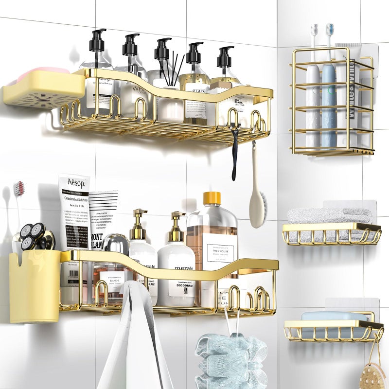 NESOMI Shower Caddy Adhesive Shower Organizer 7-Pack, Rustproof Stainless Steel Bathroom Shelves, Large Capacity No-Drill Rack Storage Accessories with Soap Dish Toothbrush Holder Hooks - Image 1
