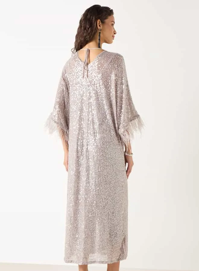 Iconic Iconic Sequin Embellished V-neck Dress with Fringed 3/4 Sleeves