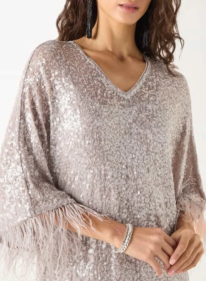 Iconic Iconic Sequin Embellished V-neck Dress with Fringed 3/4 Sleeves
