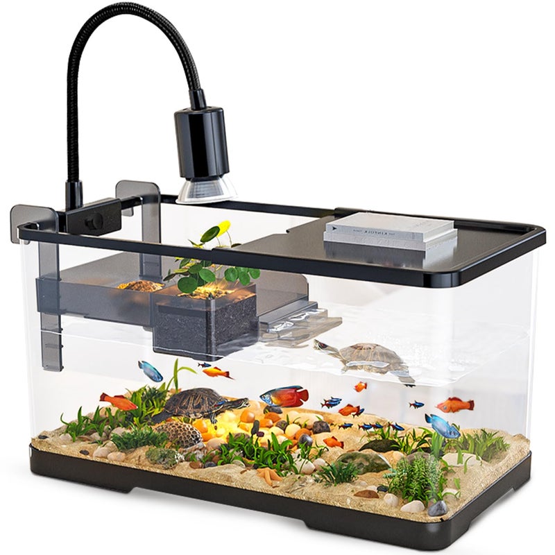 tuhaoking (Tank + Light + Filter Balls) Turtle Tank Kit, Turtle Tank Starter Kit,Bottom Drainage, Multi-Function Areas for Turtles, Crabs,Fishes, Amphibians,Reptiles. (15.75 x 8.64 x 8.64 Inch) - Image 1