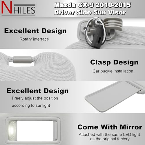 NHILES Left Driver Sun Visor Compatible with Mazda CX-9 2010-2015 Sun Visor Replacement Number TD11-69-320C-75 TD12-69-320C-75 Color:Gray - Image 2