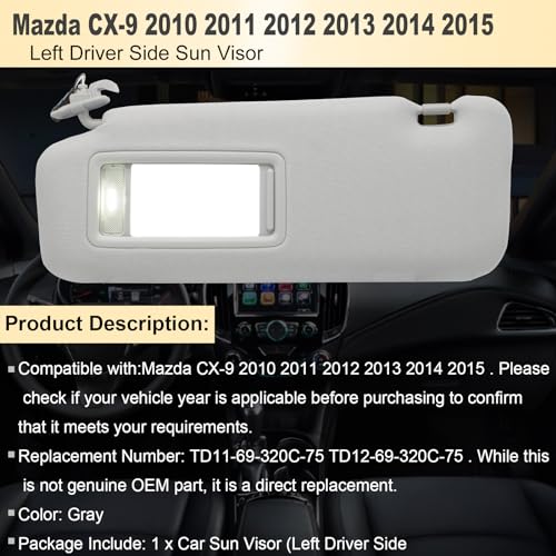 NHILES Left Driver Sun Visor Compatible with Mazda CX-9 2010-2015 Sun Visor Replacement Number TD11-69-320C-75 TD12-69-320C-75 Color:Gray - Image 3