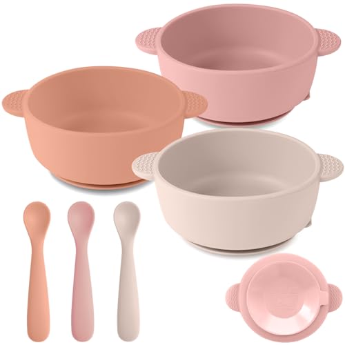 Eascrozn 3 Pack Baby Bowls with Suction and 3 Pack Baby Spoons, BPA Free, Silicone Baby Feeding Set for Babies Toddler Kids, Microwave and Dishwasher Safe - Image 1