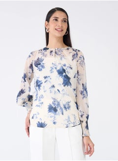 Salt Attire Women's Blue and White Floral Pattern Top with Classic Round Neckline, Keyhole Opening, and Stylish Full Length Smocked Sleeves Ideal for Spring and Summer Outfits  - Image 1