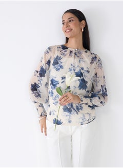 Salt Attire Women's Blue and White Floral Pattern Top with Classic Round Neckline, Keyhole Opening, and Stylish Full Length Smocked Sleeves Ideal for Spring and Summer Outfits  - Image 2