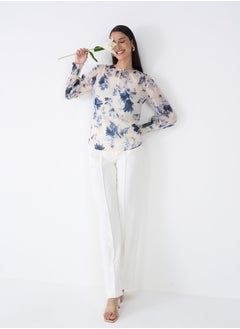 Salt Attire Women's Blue and White Floral Pattern Top with Classic Round Neckline, Keyhole Opening, and Stylish Full Length Smocked Sleeves Ideal for Spring and Summer Outfits  - Image 4