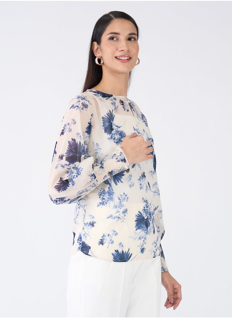 Salt Attire Blue and White Floral Pattern Top with Classic Round Neckline, Keyhole Opening, and Stylish Full Length Smocked Sleeves Ideal for Spring and Summer Outfits  - Image 5