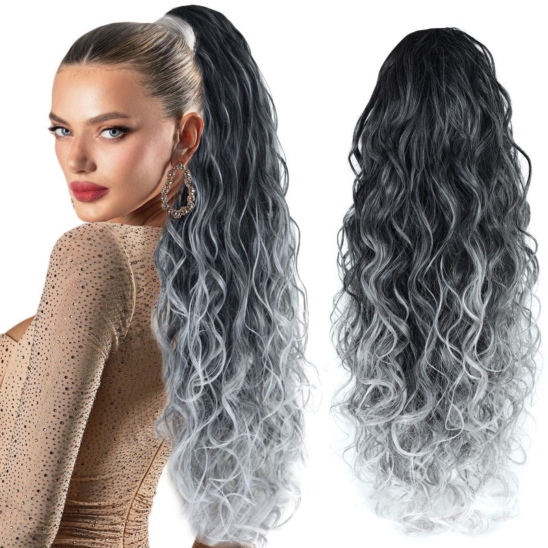 BHF HAIR Gray Curly Ponytail Extension 26 Inch Wavy Drawstring Ponytail Black To Gray Clip in Wavy Synthetic long Drawstring in Hair Extensions Synthetic Ponytail for WomenOmbre Black to Grey 6OZ