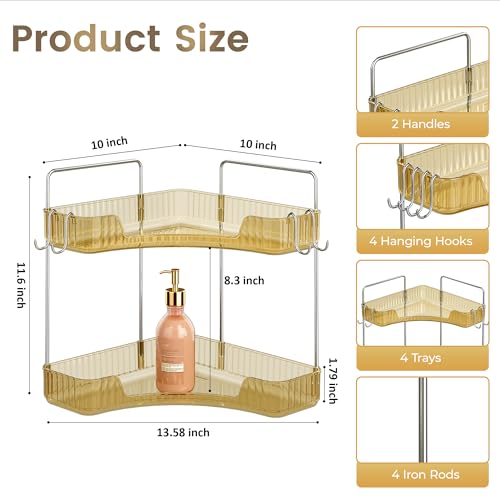 Kinkota Golden Corner Counter Organizer, 2 - Tier Bathroom & Kitchen Storage Tray with Hooks | PET Vanity Organizer for Skincare, Makeup & Jewelry - Image 2