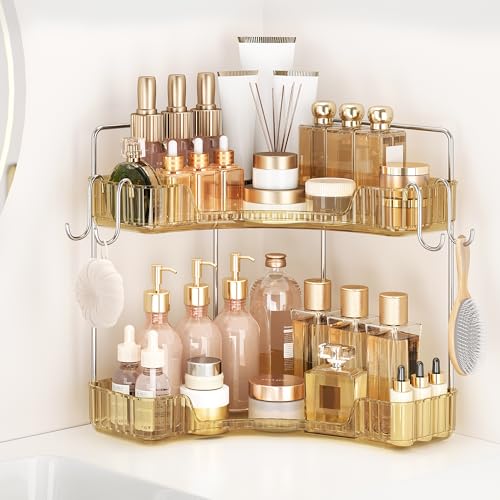 Kinkota Golden Corner Counter Organizer, 2 - Tier Bathroom & Kitchen Storage Tray with Hooks | PET Vanity Organizer for Skincare, Makeup & Jewelry - Image 1
