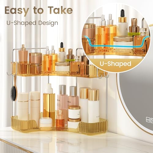 Kinkota Golden Corner Counter Organizer, 2 - Tier Bathroom & Kitchen Storage Tray with Hooks | PET Vanity Organizer for Skincare, Makeup & Jewelry - Image 4