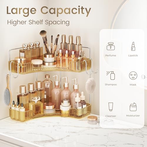 Kinkota Golden Corner Counter Organizer, 2 - Tier Bathroom & Kitchen Storage Tray with Hooks | PET Vanity Organizer for Skincare, Makeup & Jewelry - Image 5