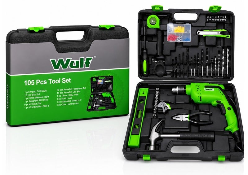 Wulf 105-Piece Power Tool Set with 650W Impact Drill, Hand Tools and Accessories in Heavy Duty Storage Case for Home Repair Construction Electrical DIY Workshop Applications - Image 1