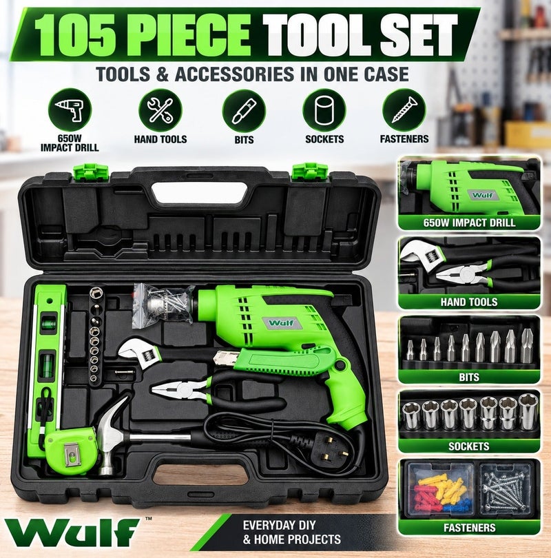 Wulf 105-Piece Power Tool Set with 650W Impact Drill, Hand Tools and Accessories in Heavy Duty Storage Case for Home Repair Construction Electrical DIY Workshop Applications - Image 2
