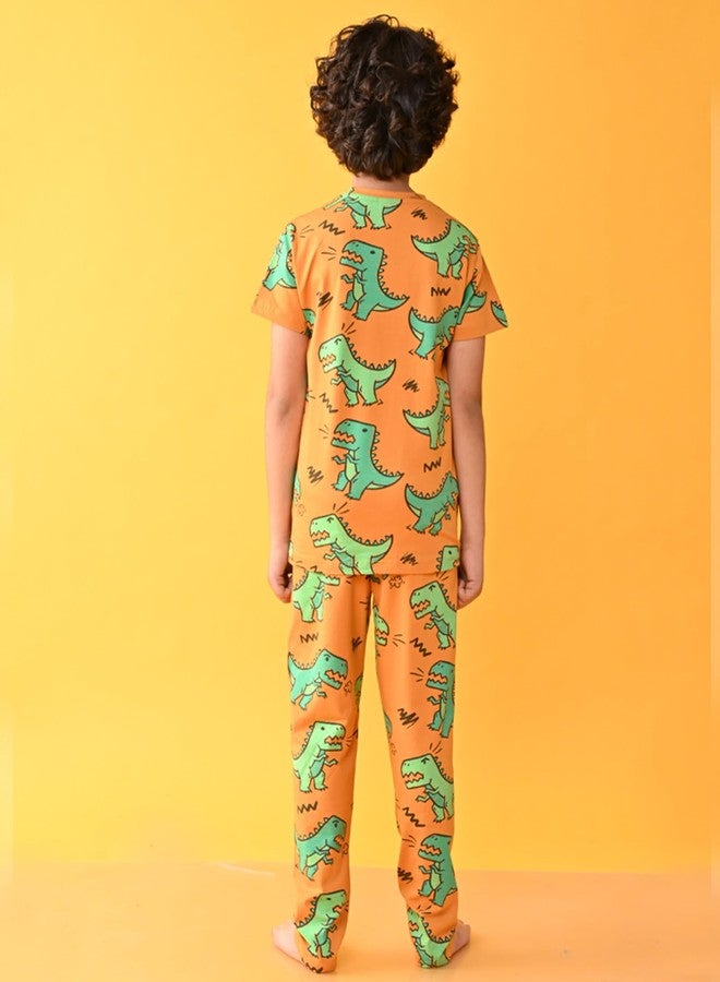 ANTHRILO Summer Pyjama Set for Boys | 100% Cotton, Skin Friendly Fabric | Pyjama Set for Boys | Casual Wear |Big Dinosaur Mustard Short Sleeve Pyjama Set - Mustard 6-12 Months - Image 3