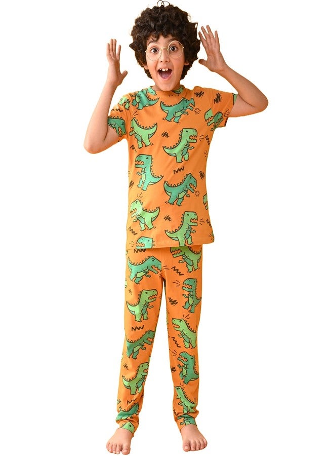 ANTHRILO Summer Pyjama Set for Boys | 100% Cotton, Skin Friendly Fabric | Pyjama Set for Boys | Casual Wear |Big Dinosaur Mustard Short Sleeve Pyjama Set - Mustard 6-12 Months - Image 1