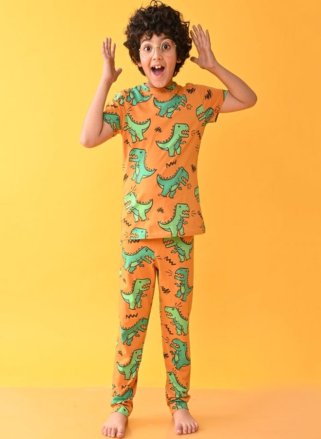 ANTHRILO Summer Pyjama Set for Boys | 100% Cotton, Skin Friendly Fabric | Pyjama Set for Boys | Casual Wear |Big Dinosaur Mustard Short Sleeve Pyjama Set - Mustard 6-12 Months - Image 2