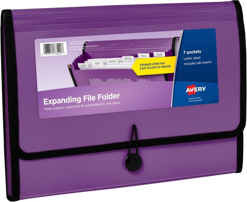 AVERY Expanding File Folder Organizer, 7-Pocket Accordion File Organizer, Plum, Holds 425 Letter/A4-Size Sheets (73552) - Image 1