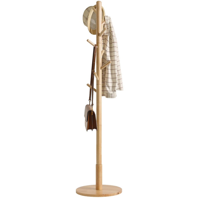 IBUYKE Free Standing Hall Coat Tree with 8 Hooks Stand Tree Rack with Round Base Entryway Coat Stand for Purses Clothes Scarves for Hallway Bedroom Living Room Natural Color WD115
