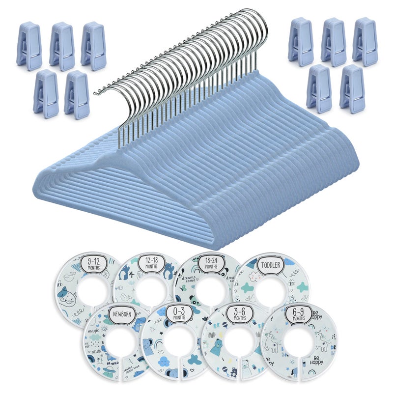 Babyrish Velvet Baby Hangers with 10x Clips and 8X Dividers (30 Pack) | 11â€ Ultra-Slim Baby Clothes Hangers | Non-Slip Felt | Space-Saving Nursery & Infant Closet Organizer | Blue - Image 4