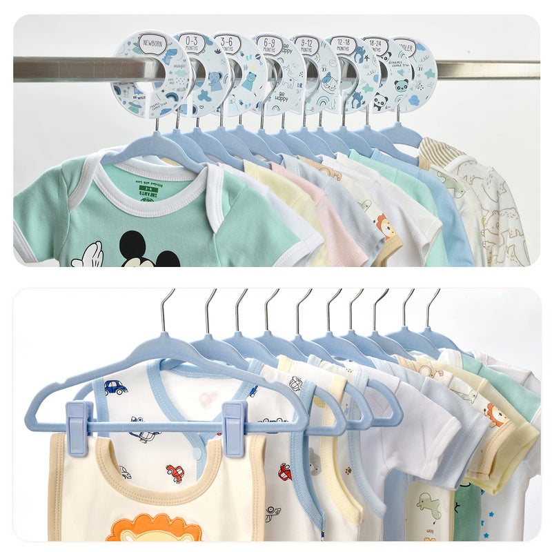 Babyrish Velvet Baby Hangers with 10x Clips and 8X Dividers (30 Pack) | 11â€ Ultra-Slim Baby Clothes Hangers | Non-Slip Felt | Space-Saving Nursery & Infant Closet Organizer | Blue - Image 2