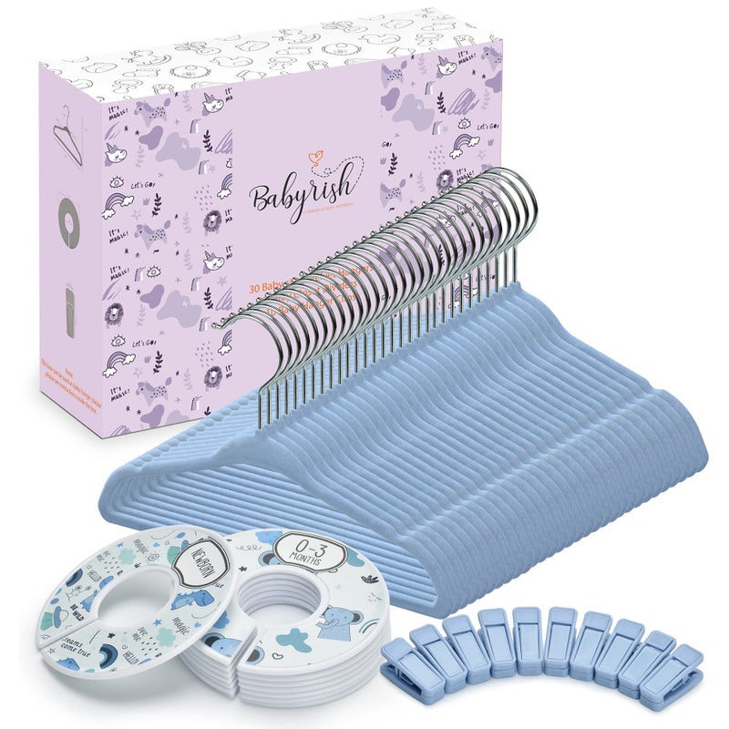 Babyrish Velvet Baby Hangers with 10x Clips and 8X Dividers (30 Pack) | 11â€ Ultra-Slim Baby Clothes Hangers | Non-Slip Felt | Space-Saving Nursery & Infant Closet Organizer | Blue - Image 1