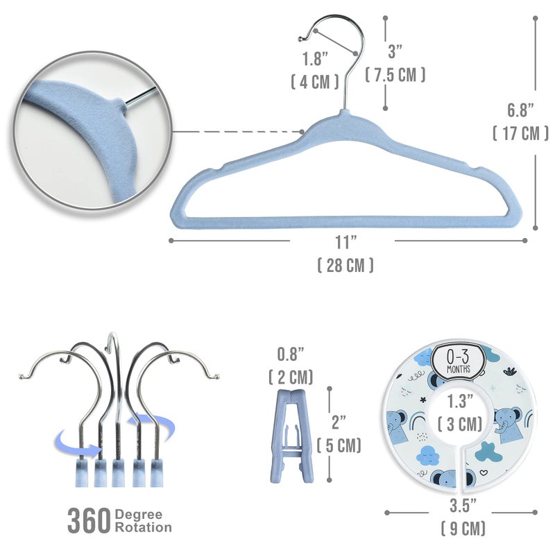 Babyrish Velvet Baby Hangers with 10x Clips and 8X Dividers (30 Pack) | 11â€ Ultra-Slim Baby Clothes Hangers | Non-Slip Felt | Space-Saving Nursery & Infant Closet Organizer | Blue - Image 3