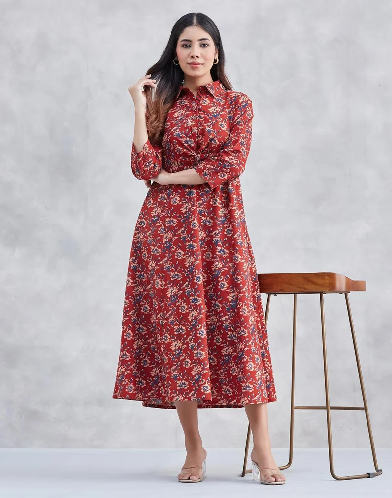 Red Cotton Floral Midi Dress