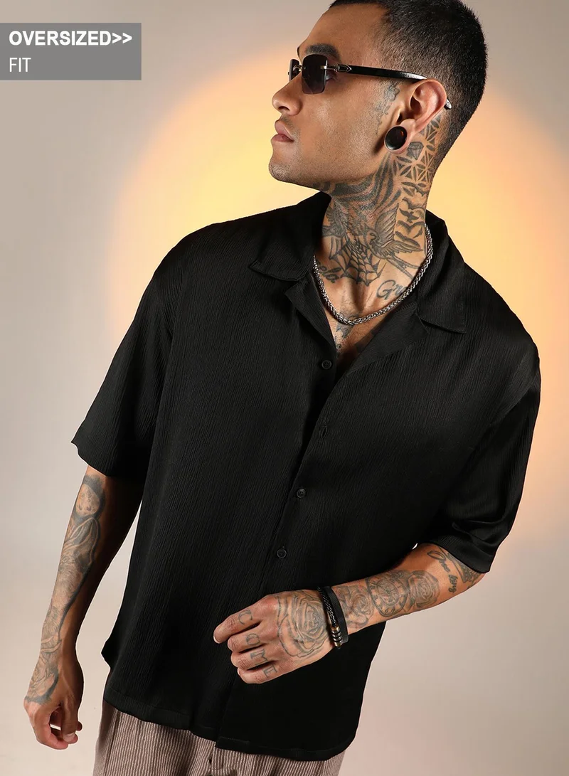 كامبوس سوترا قميص رجالي أسود أونيكس سادة مجعد واسع