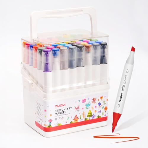 NUOVI Art Markers 48 Shades | Super Blendable Alcohol Based Ink, Smudge Free Colors | Dual Tip Fine & Chisel Tip Markers for Drawing, Colouring & Sketching - Image 1