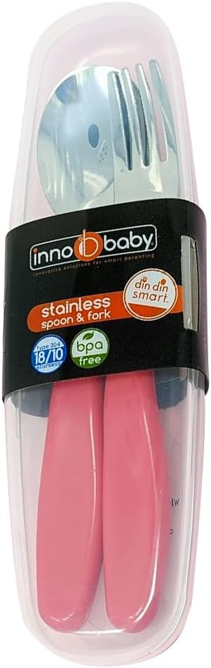 Innobaby Din Din Smart EZ Grip Spoon and Fork with Carrying Case Utensil Set for Kids and Toddlers BPA Free Pink - Image 1
