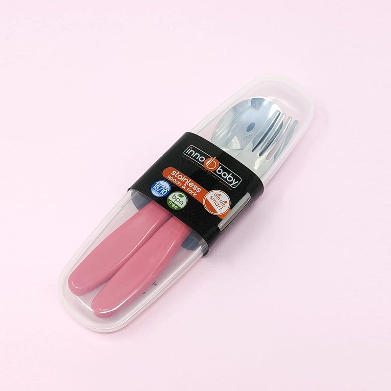 Innobaby Din Din Smart EZ Grip Spoon and Fork with Carrying Case Utensil Set for Kids and Toddlers BPA Free Pink - Image 2