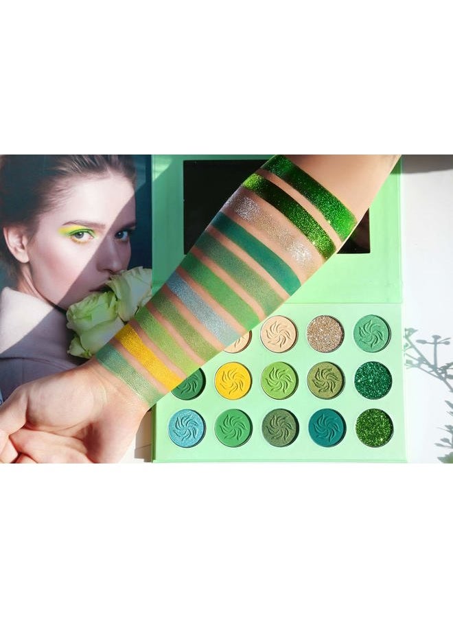 Afflano Green Eyeshadow Palette, Green Glitter Eyeshadow Highly Pigmented, Forest Emerald Green Christmas Makeup Palettes, Yellow Lime Grass Grinch Green Makeup Eye Shadow Pallet 15 Color - Image 3