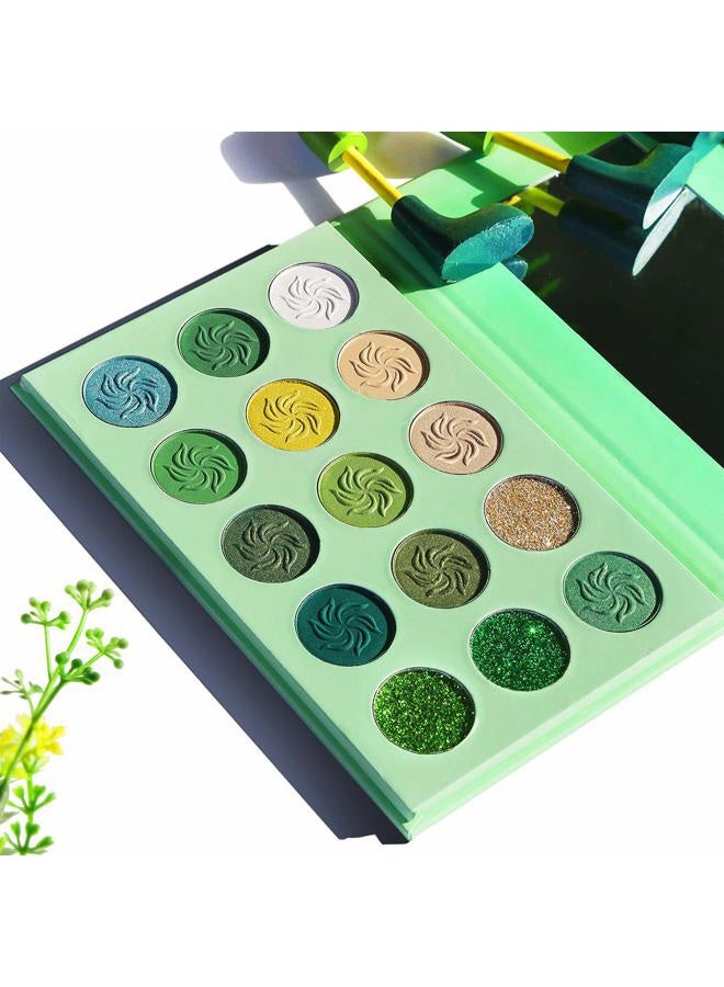 Afflano Green Eyeshadow Palette, Green Glitter Eyeshadow Highly Pigmented, Forest Emerald Green Christmas Makeup Palettes, Yellow Lime Grass Grinch Green Makeup Eye Shadow Pallet 15 Color - Image 5