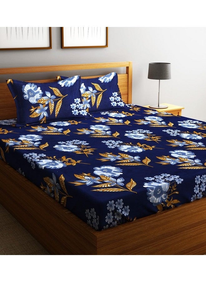 Fashion String 144TC Floral Lush Dark Blue Double Bedsheet with 2 Pillow Covers - Image 1