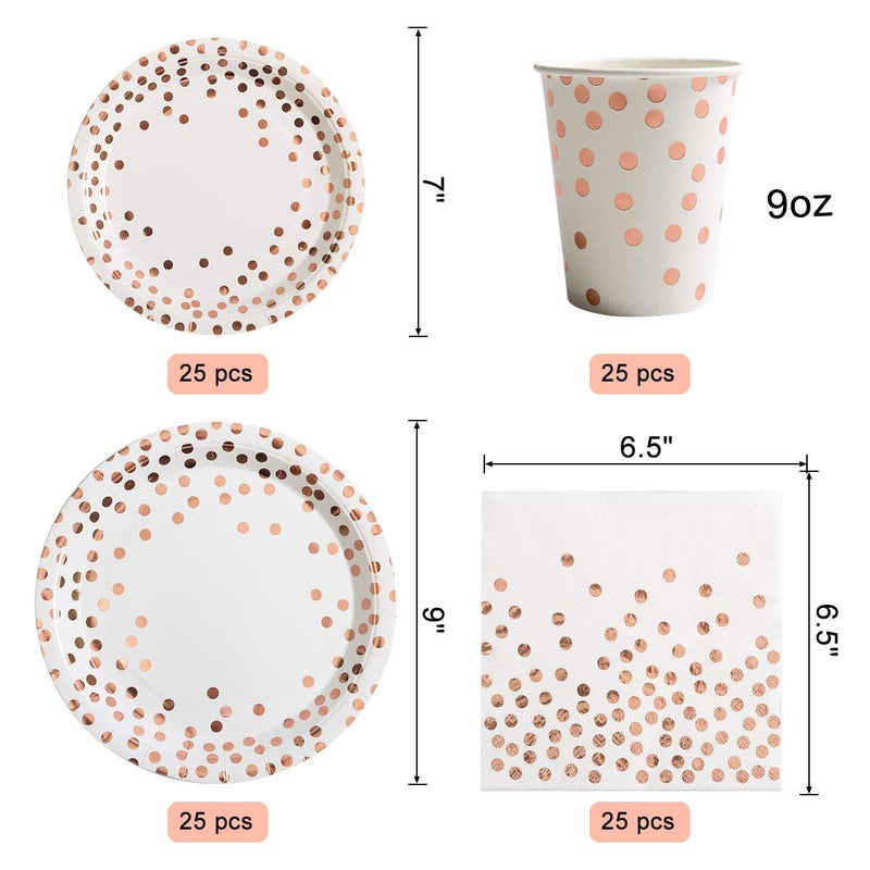 HOMIX 175 Pieces Rose Gold Party Supplies - Rose Gold Dot on White Paper Plates and Napkins Cups Silverware Serves 25 Sets for Wedding Bridal Shower Engagement Birthday Parties - Image 3